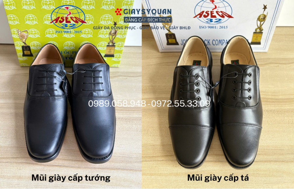 Mũi của giày sĩ quan kiểu tướng và giày sĩ quan kiểu tá do Công ty Cổ phần 32 sản xuất